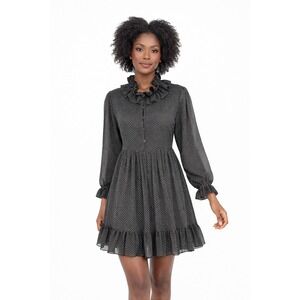 Zara Black Polka Dot Ruffle Neck Mini Babydoll Dress LS M Soft Femininity 102-23